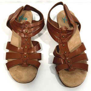YUU Finley Sandals Brown Wedge Comfort Beaded Adjustable Strap Womens Size 8.5M